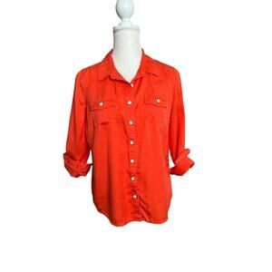 Crown & Ivy Button front Shirt collared solid coral orange Sz LP Long Sleeve